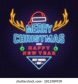 Merry Christmas and Happy New Year neon sign with elk, christmas hat, hanging christmas ball. Vector illustration. Vintage typography design for xmas, new year emblem in retro style.