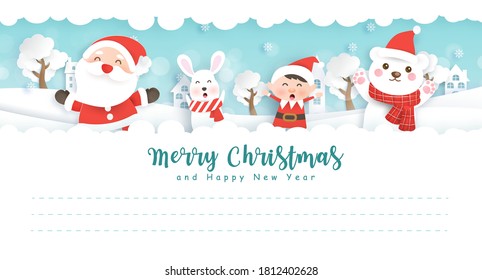 Merry Christmas and happy new year postcard with cute Santa and friends in the snow forest for greeting card .