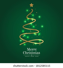 Merry christmas and happy new year fancy gold xmas tree in hipster linear triangle style. Ideal for greeting card or elegant holiday party invitation. vector illustration.