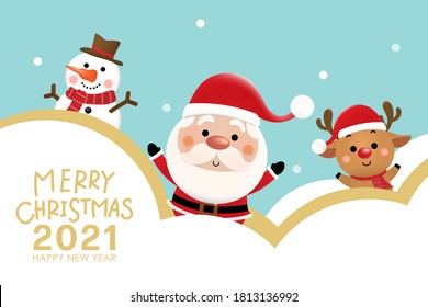 Feliz Navidad y feliz año nuevo 2021 tarjeta de saludo con el lindo Santa Claus, ciervo y muñeco de nieve. Caricatura de vacaciones en invierno. -Vector.