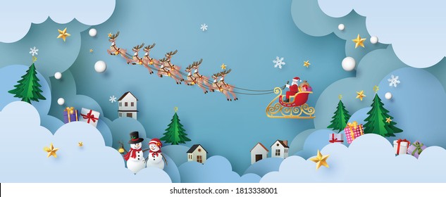 Merry Christmas and Happy New Year. Illustration of Santa Claus on the sky coming to City ,paper art and  paper cut style