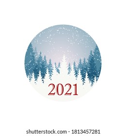 Merry Christmas and Happy New Year design with beautiful winter scenery. Blue Christmas tree landscape with snow. Vector illustration with hand drawn elements