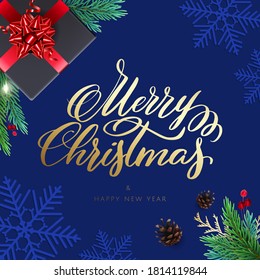 Merry Christmas and Happy New Year card with a gifts and lettering. Background with realistic holiday decorations
