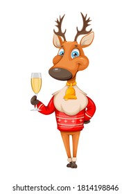 Merry Christmas and Happy New Year. Cute deer cartoon character in warm sweater holding a glass of champagne. Vector illustration on white background
