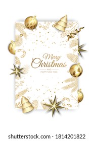 Merry Christmas and Happy New Year. Xmas background with Shining gold Snowflakes. Greeting card, holiday banner, web poster
