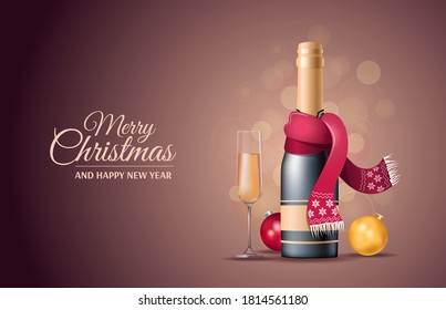 Merry Christmas and Happy New Year card. Champagne, glass and christmas balls. Vector illustration for poster, banner, card, cover, flyer.