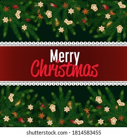 Merry Christmas and Happy New Year greeting card vector illustration. Xmas congratulation with christmas composition. Christmas decorations with fir tree and decorative elements.