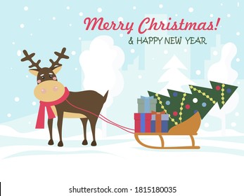 Merry Christmas and Happy New Year. A deer is pulling a sleigh with a tree and presents on its sleigh. Against the background of the winter cityscape with snowflakes. Christmas card. Vector