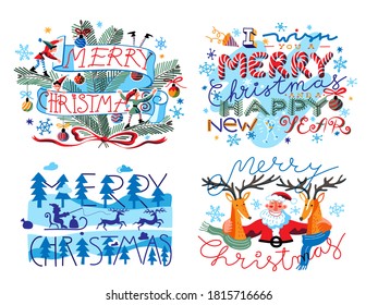 Merry Christmas and Happy New Year cute lettering on greeting postcards design set. Bundle of vector illustration of holiday cards with hand drawn elements, Santa Claus, reindeers, decorations on tree