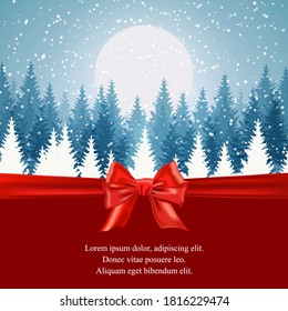 Merry Christmas and Happy New Year design with beautiful winter scenery. Blue Christmas tree landscape with snow. Vector illustration with hand drawn elements