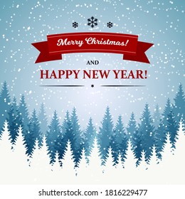 Merry Christmas and Happy New Year design with beautiful winter scenery. Blue Christmas tree landscape with snow. Vector illustration with hand drawn elements