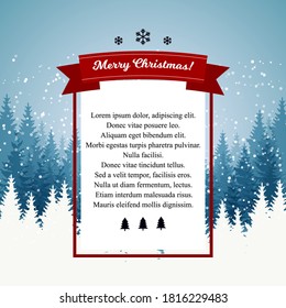 Merry Christmas and Happy New Year design with beautiful winter scenery. Blue Christmas tree landscape with snow. Vector illustration with hand drawn elements