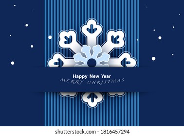 Merry Christmas and Happy New Year 2021. Snowflake and snowfall. Mobile phone screensaver design. Postcard. White layered Paper Cut. New Year holidays, blue background. Mobile application, winter