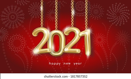Merry Christmas and Happy New Year greetings in the form of 2021 gold vector numbers hanging on gold chains, on a festive dark red background with fireworks. Festive poster or banner design. Modern le