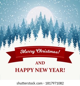 Merry Christmas and Happy New Year greeting card with beautiful winter scenery. Blue Christmas tree landscape with snow. Vector illustration with hand drawn elements