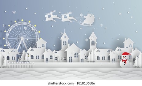 Merry Christmas And Happy New Year. Illustration Of Santa Claus On The Sky Coming To City ,paper Art And Digital Craft Style