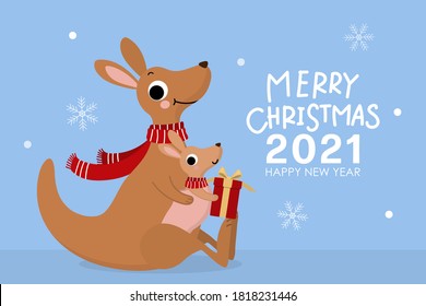 Merry Christmas and happy new year greeting  card with cute kangaroo and little joey in winter costume. Animal holiday cartoon character. -Vector