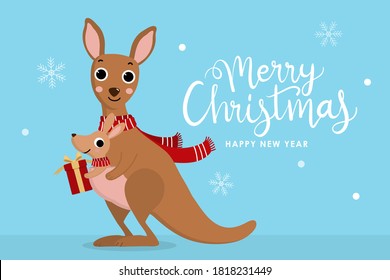 Merry Christmas and happy new year greeting  card with cute kangaroo and little joey in winter costume. Animal holiday cartoon character. -Vector