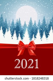 Merry Christmas and Happy New Year vertical greeting card with beautiful winter scenery. Blue Christmas tree landscape with snow. Vector illustration with hand drawn elements