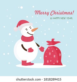 Merry Christmas and Happy New Year!  Snowman wearing a red knitted scarf and a Santa Claus hat. Nearby is a bag with gifts. Symbol of Christmas. Congratulations card. Vector flat illustration