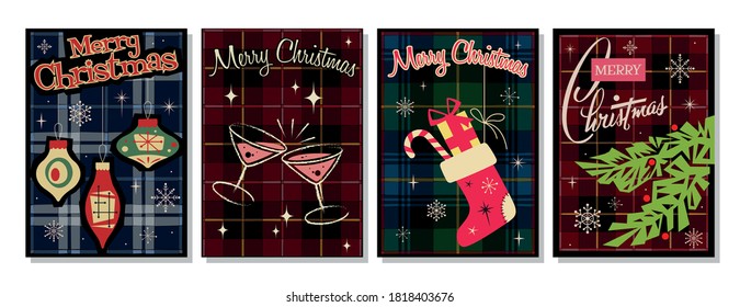 Merry Christmas And Happy New Year Greeting Cards 1950s, 1960s Postcards Style, Plaid Tartan Patterns Backgrounds, Chrismas Tree And Decorations, Cocktail Drinks, Gifts