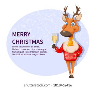Merry Christmas and Happy New Year greeting card. Cute deer cartoon character in warm sweater holding a glass of champagne. Vector illustration