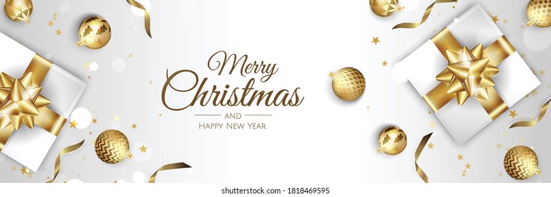 Merry Christmas and Happy New Year. Xmas background with Snowflakes, gift, balls. Greeting card, holiday banner, web poster