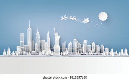 Merry Christmas and Happy New Year. Illustration of Santa Claus on the sky coming to City ,paper art and craft style