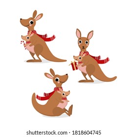 Merry Christmas and happy new year greeting  card with cute kangaroo and little joey in winter costume. Animal holiday cartoon character. -Vector