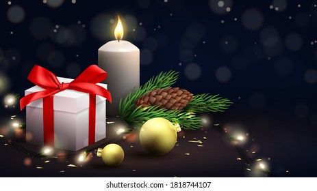 Merry Christmas and Happy New Year festive banner. Holiday banner with realistic white candle, gift box, fir-branches, fir-cone, light garland, Christmas balls and confetti. Vector illustration.