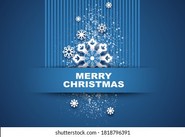 Merry Christmas and Happy New Year 2021. Mobile phone screen saver design. Greeting card. White layered Paper Cut with, snowflakes falling in winter for New Year holidays, blue background. Mobile app