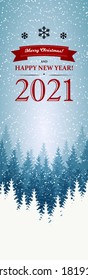 Merry Christmas and Happy New Year vertical greeting card with beautiful winter scenery. Blue Christmas tree landscape with snow. Vector illustration with hand drawn elements