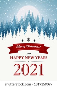 Merry Christmas and Happy New Year vertical greeting card with beautiful winter scenery. Blue Christmas tree landscape with snow. Vector illustration with hand drawn elements
