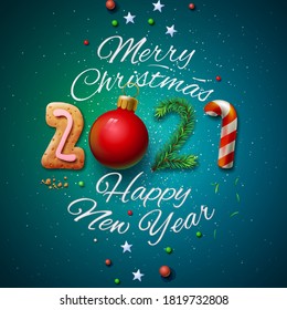 Merry Christmas and Happy New Year 2021 greeting card, vector illustration.