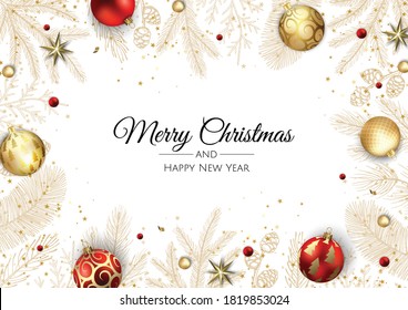Merry Christmas and Happy New Year. Xmas background with poinsettia, Snowflakes, star and balls design.