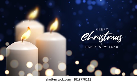 Merry Christmas and Happy New Year banner. Holiday banner with realistic 3d burning white candles and effect bokeh on background. Festive vector illustration.