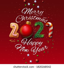 Merry Christmas and Happy New Year 2021 greeting card, vector illustration.