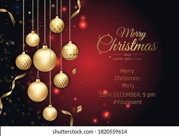 Merry Christmas and Happy New Year Holiday white banner illustration. Xmas design with realistic vector 3d objects, golden christmass ball, snowflake, glitter gold confetti.