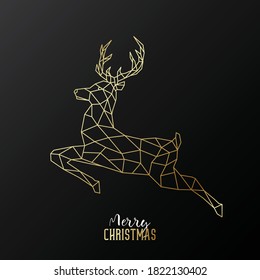 Feliz Navidad y Feliz diseño de Año Nuevo. Ilustración geométrica de ciervo dorado. Plantilla vectorial para tarjeta de Navidad o elegante invitación de fiesta de vacaciones.