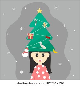 Merry Christmas and Happy New Year concept. Greeting card with cute girl and Christmas tree decoration. Vector cartoon flat style illustration.