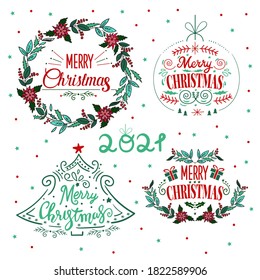 Merry Christmas and Happy New Year. Set of holiday inscriptions for greeting cards, stickers, decorations.