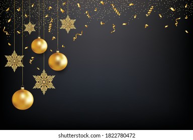 Merry Christmas and Happy New Year black background with balls and glitter snowflakes.
Vector illustration.