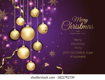 Merry Christmas and Happy New Year Holiday white banner illustration. Xmas design with realistic vector 3d objects, golden christmass ball, snowflake, glitter gold confetti.