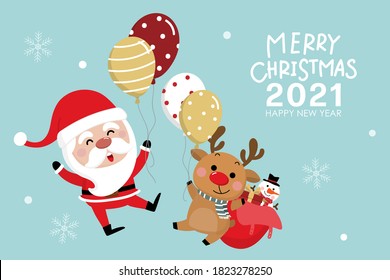 Merry Christmas and happy new year greeting card with cute Santa Claus,  deer, snowman and balloons. Holiday cartoon character in winter season. -Vector.