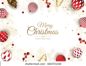 Merry Christmas and Happy New Year Holiday white banner illustration. Xmas design with realistic vector 3d objects, golden christmass ball, snowflake, glitter gold confetti.