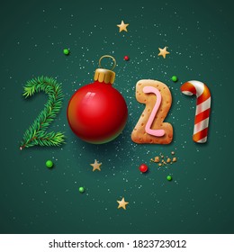 Merry Christmas and Happy New Year 2021 greeting card, vector illustration.