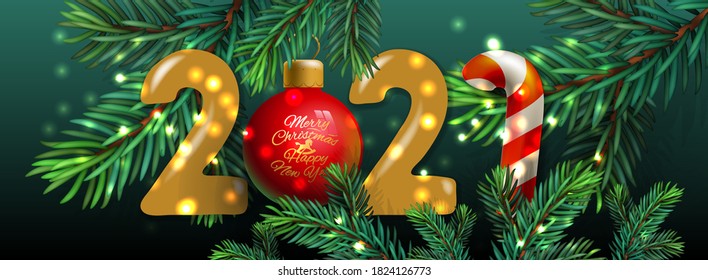 Merry Christmas and Happy New Year 2021 horizontal banner.  Holiday vector illustration with realistic golden Christmas balls and  Christmas Tree Branches background