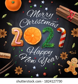 Merry Christmas, Happy New Year 2021, Background With Typography And Decoration For Christmas Dinner, Vector Illustration