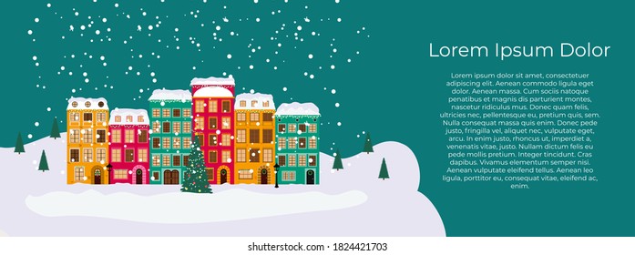 Merry Christmas and Happy New Year Card with Little Town in retro Style. Vector Illustration EPS10