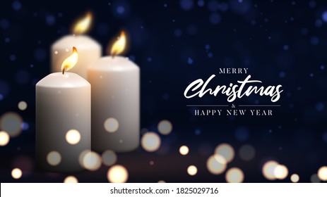 Merry Christmas and Happy New Year banner. Holiday banner with realistic 3d burning white candles and effect bokeh on background. Festive vector illustration.